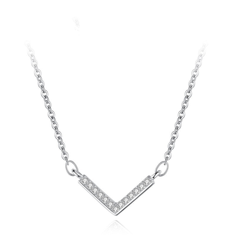 S925 Sterling Silver V-shaped Necklace Women's Full Diamond Simple