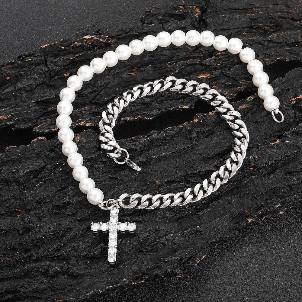 European Hip Hop 8mm Stainless Steel Cuban Link Chain Mixed Pearl Necklace
