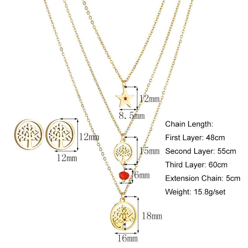 Multi-layered Titanium Steel Tree Of Life Star Necklace And Earrings Set