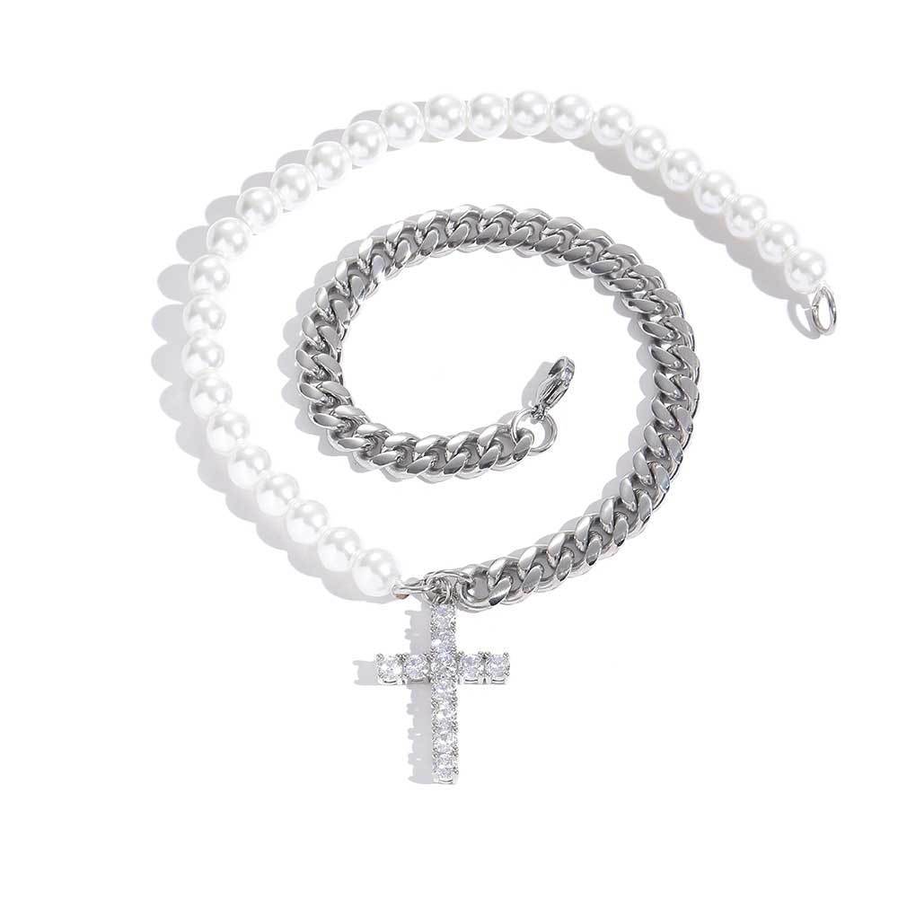 European Hip Hop 8mm Stainless Steel Cuban Link Chain Mixed Pearl Necklace