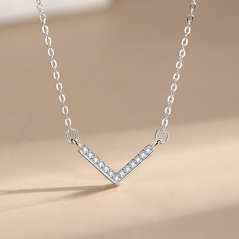 S925 Sterling Silver V-shaped Necklace Women's Full Diamond Simple
