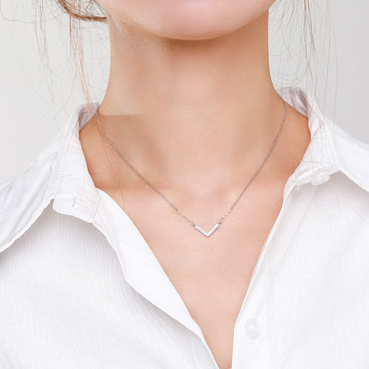 S925 Sterling Silver V-shaped Necklace Women's Full Diamond Simple