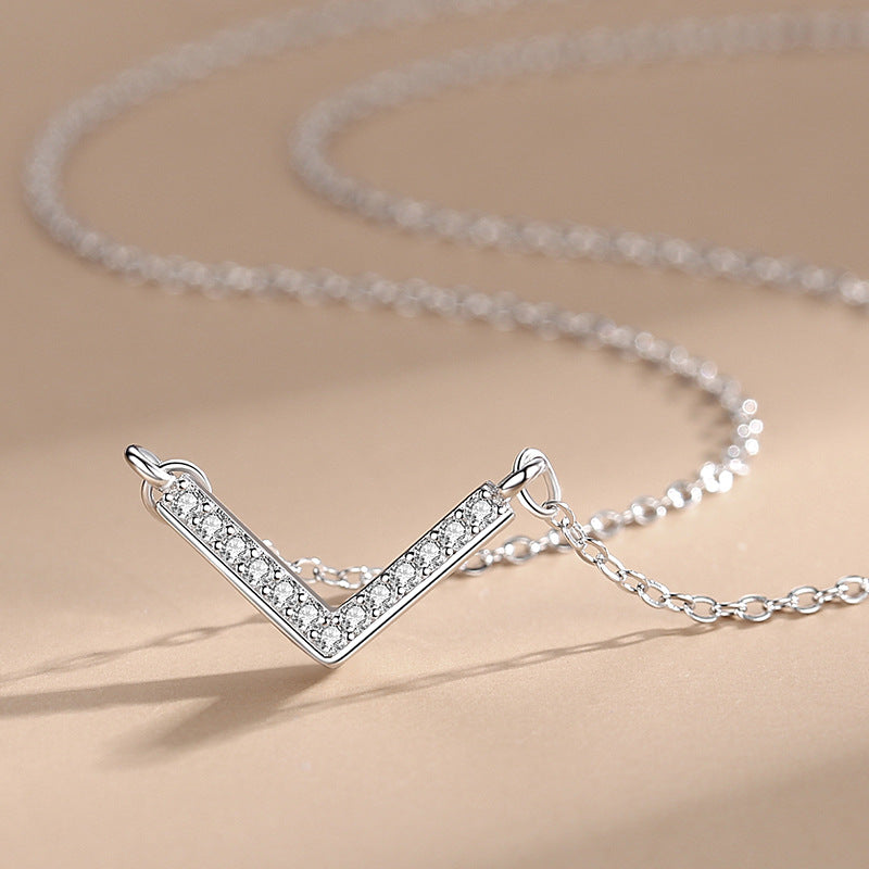 S925 Sterling Silver V-shaped Necklace Women's Full Diamond Simple