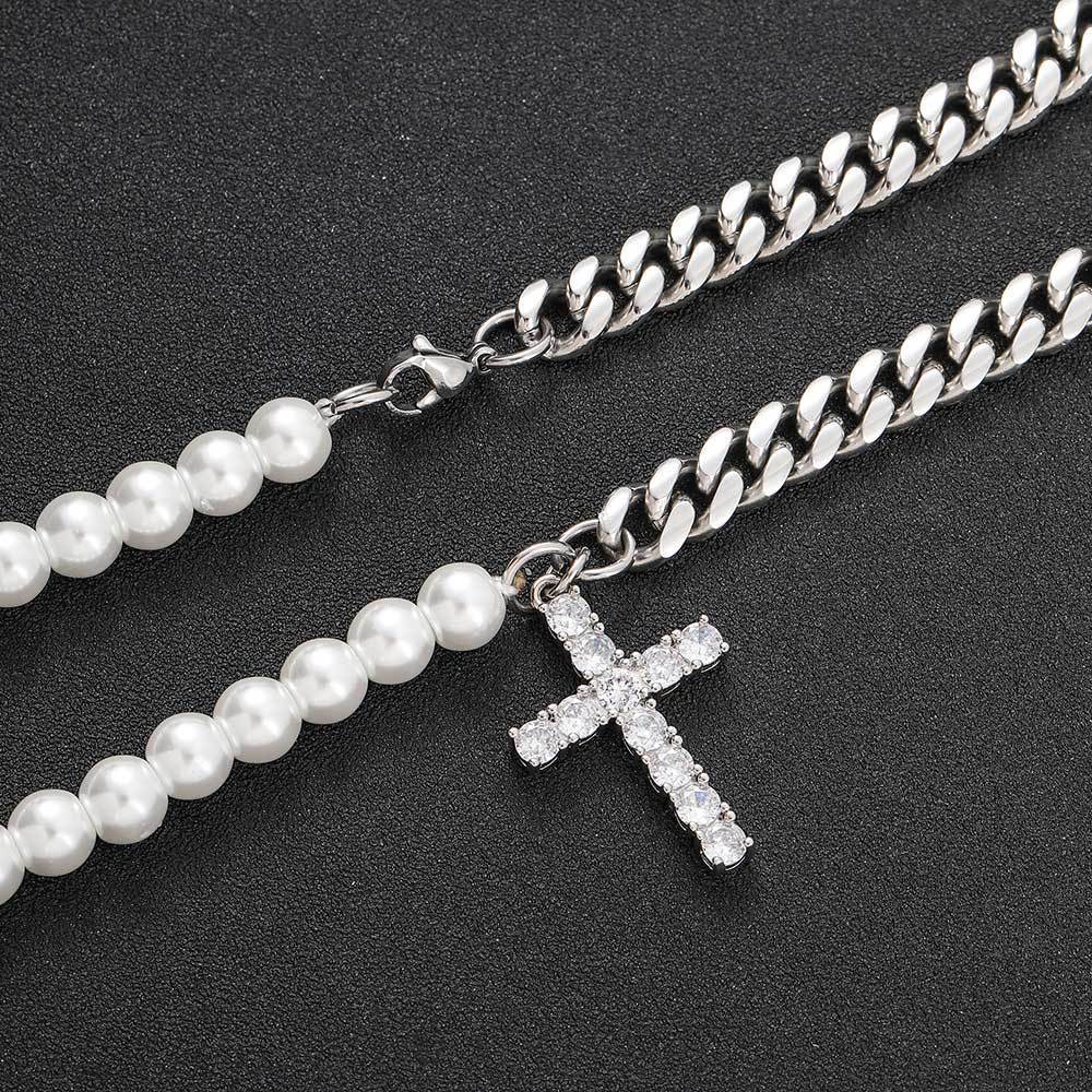 European Hip Hop 8mm Stainless Steel Cuban Link Chain Mixed Pearl Necklace