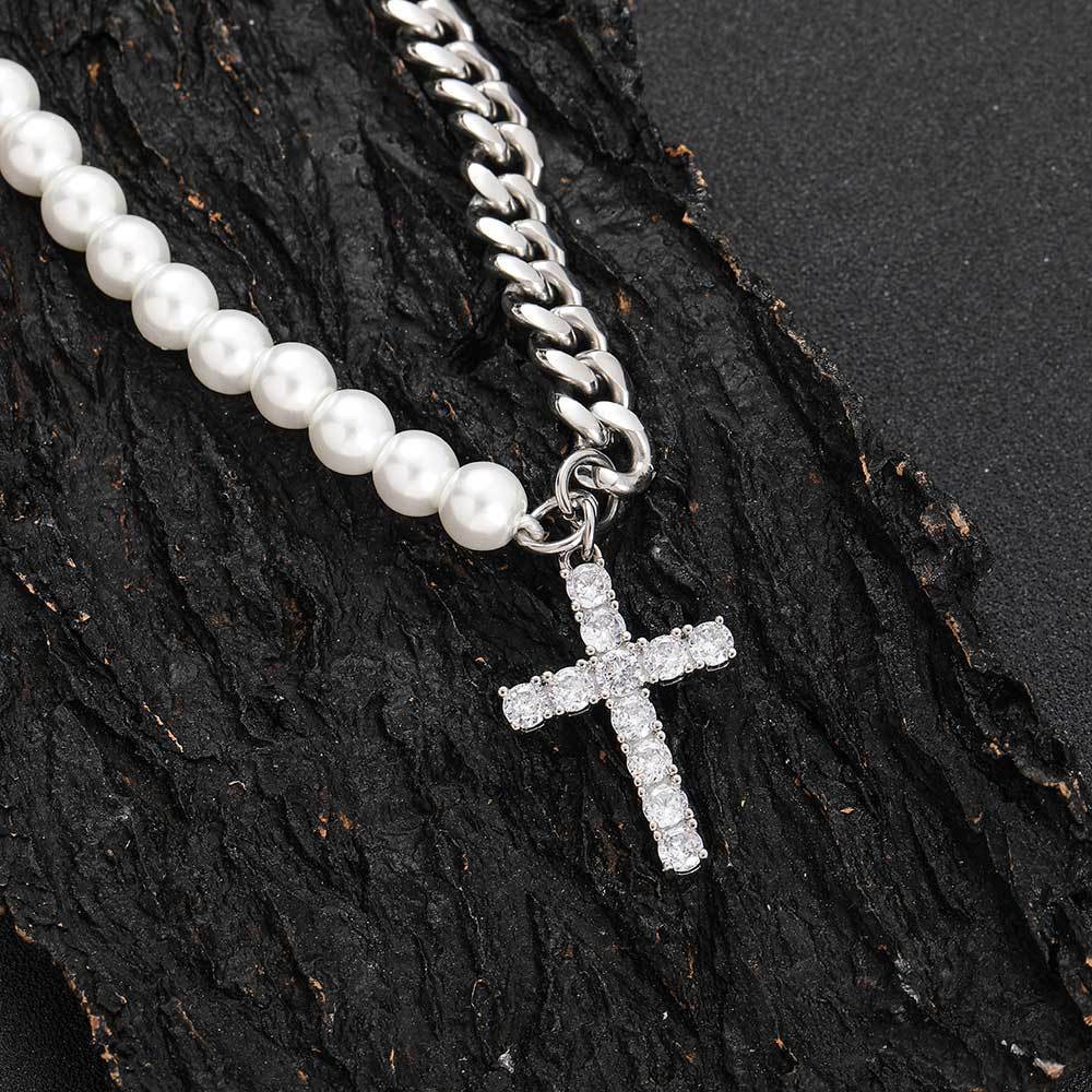 European Hip Hop 8mm Stainless Steel Cuban Link Chain Mixed Pearl Necklace